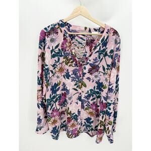Cupio Purple Floral Long Sleeve V-Neck Caged Back Top Women's Size X-Large XL